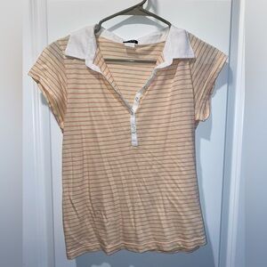 Vintage J. Crew Tan and White V-Neck Cap Sleeve Polo Top